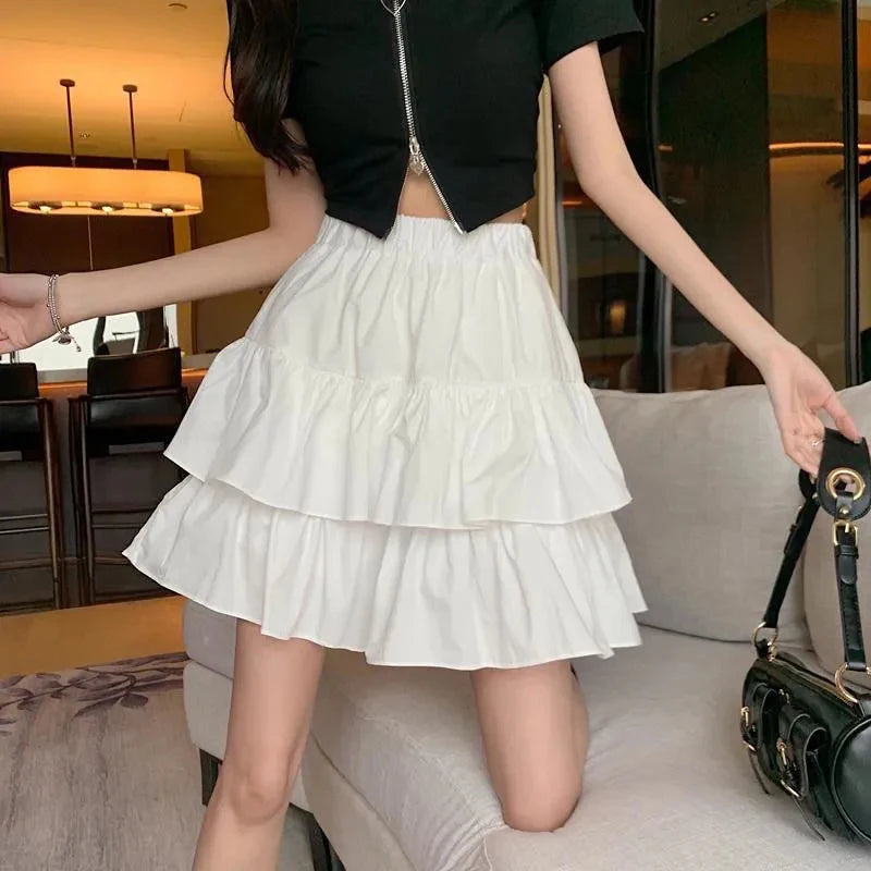 IMIEMIE Pleated A-Line Skirt Women White Ruffle Sweet Tierred Pretty Style Skirt Elastic Waist Summer Slim Basic Korean Harajuku Dress