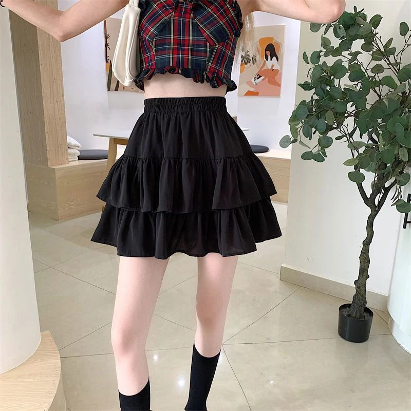 IMIEMIE Pleated A-Line Skirt Women White Ruffle Sweet Tierred Pretty Style Skirt Elastic Waist Summer Slim Basic Korean Harajuku Dress