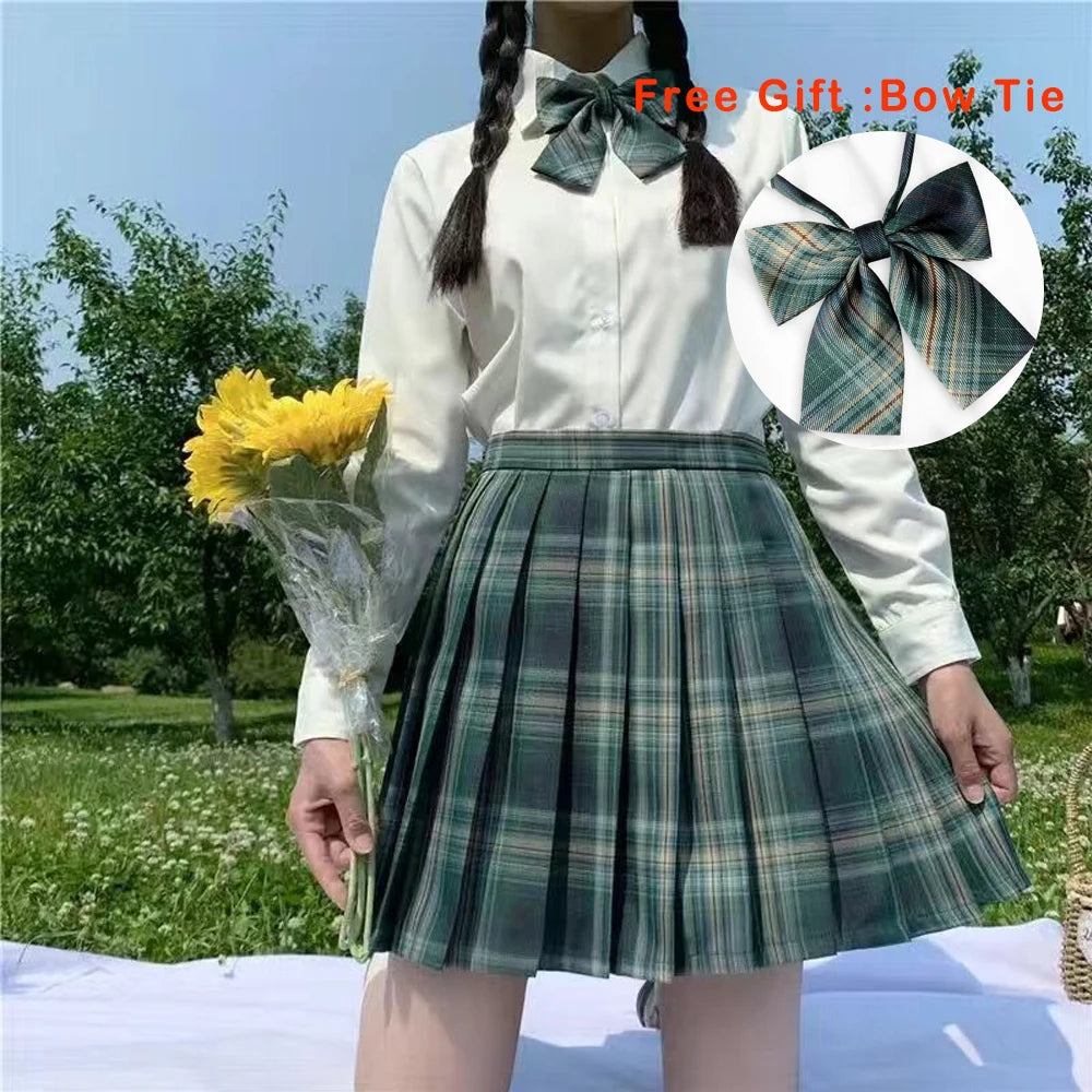 IMIEMIE Pleated Harajuku Preppy Style Summer Women Skirt Plaid Kawaii Y2K High Waist Dance Bow Skirt Mini Cute Japanese School Uniforms