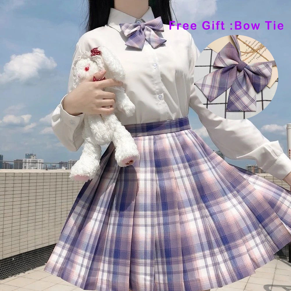 IMIEMIE Pleated Harajuku Preppy Style Summer Women Skirt Plaid Kawaii Y2K High Waist Dance Bow Skirt Mini Cute Japanese School Uniforms