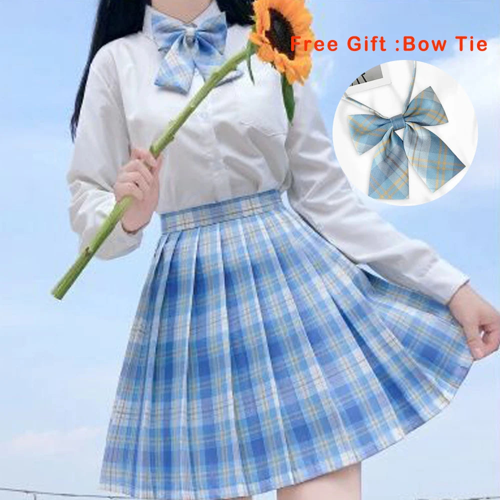 IMIEMIE Pleated Harajuku Preppy Style Summer Women Skirt Plaid Kawaii Y2K High Waist Dance Bow Skirt Mini Cute Japanese School Uniforms