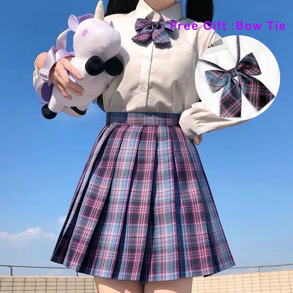 IMIEMIE Pleated Harajuku Preppy Style Summer Women Skirt Plaid Kawaii Y2K High Waist Dance Bow Skirt Mini Cute Japanese School Uniforms