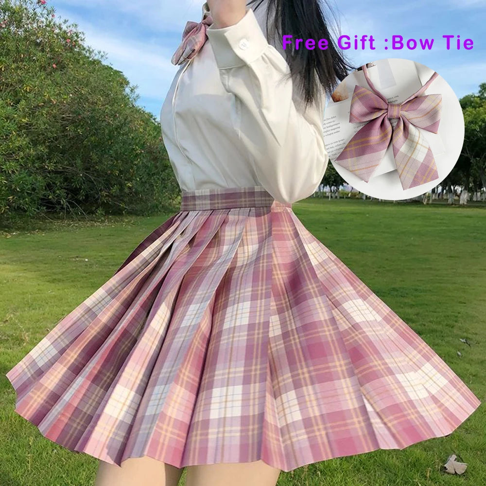 IMIEMIE Pleated Harajuku Preppy Style Summer Women Skirt Plaid Kawaii Y2K High Waist Dance Bow Skirt Mini Cute Japanese School Uniforms