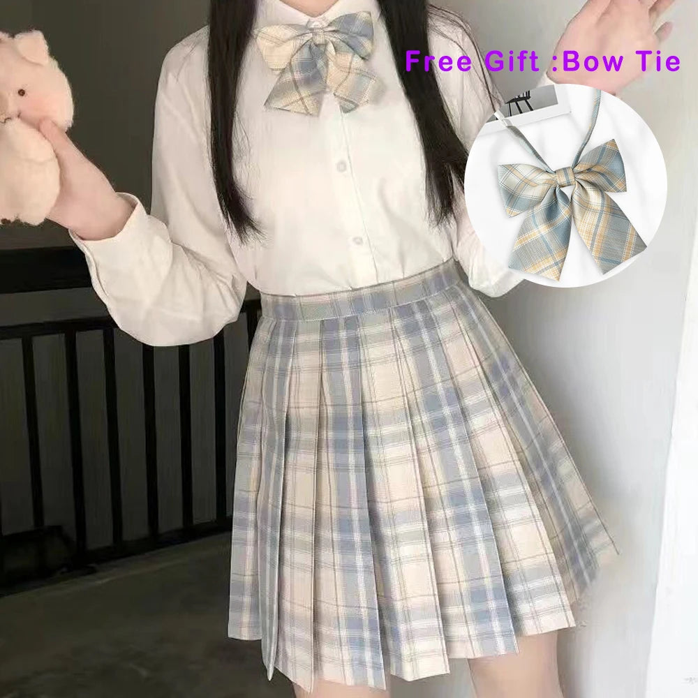 IMIEMIE Pleated Harajuku Preppy Style Summer Women Skirt Plaid Kawaii Y2K High Waist Dance Bow Skirt Mini Cute Japanese School Uniforms