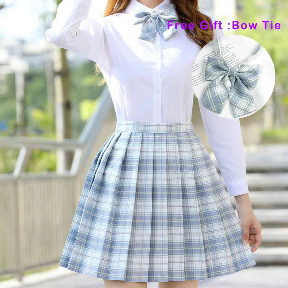 IMIEMIE Pleated Harajuku Preppy Style Summer Women Skirt Plaid Kawaii Y2K High Waist Dance Bow Skirt Mini Cute Japanese School Uniforms