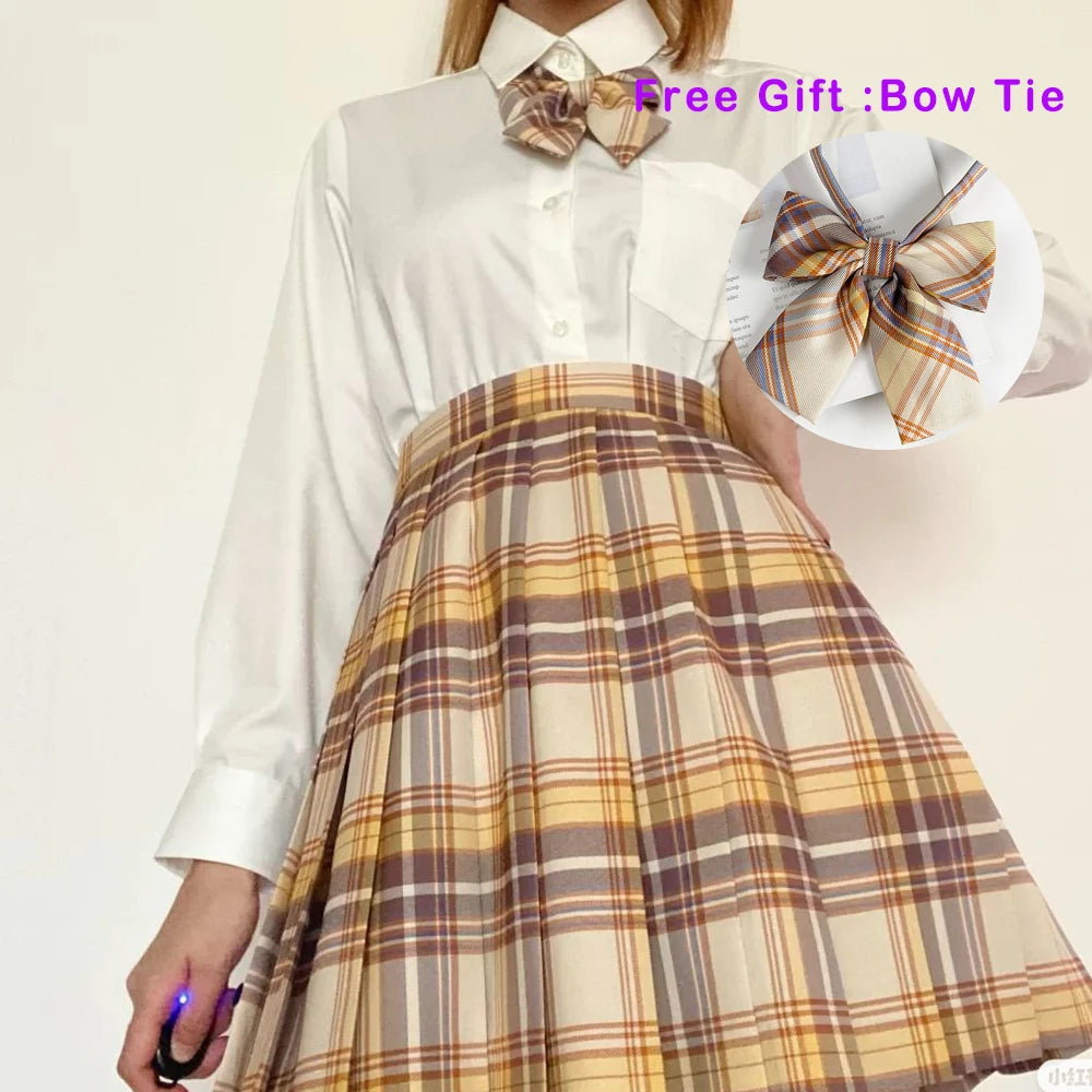 IMIEMIE Pleated Harajuku Preppy Style Summer Women Skirt Plaid Kawaii Y2K High Waist Dance Bow Skirt Mini Cute Japanese School Uniforms