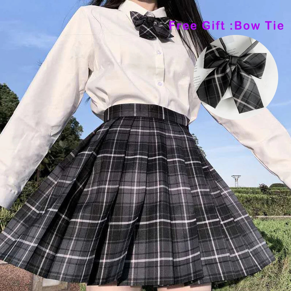 IMIEMIE Pleated Harajuku Preppy Style Summer Women Skirt Plaid Kawaii Y2K High Waist Dance Bow Skirt Mini Cute Japanese School Uniforms