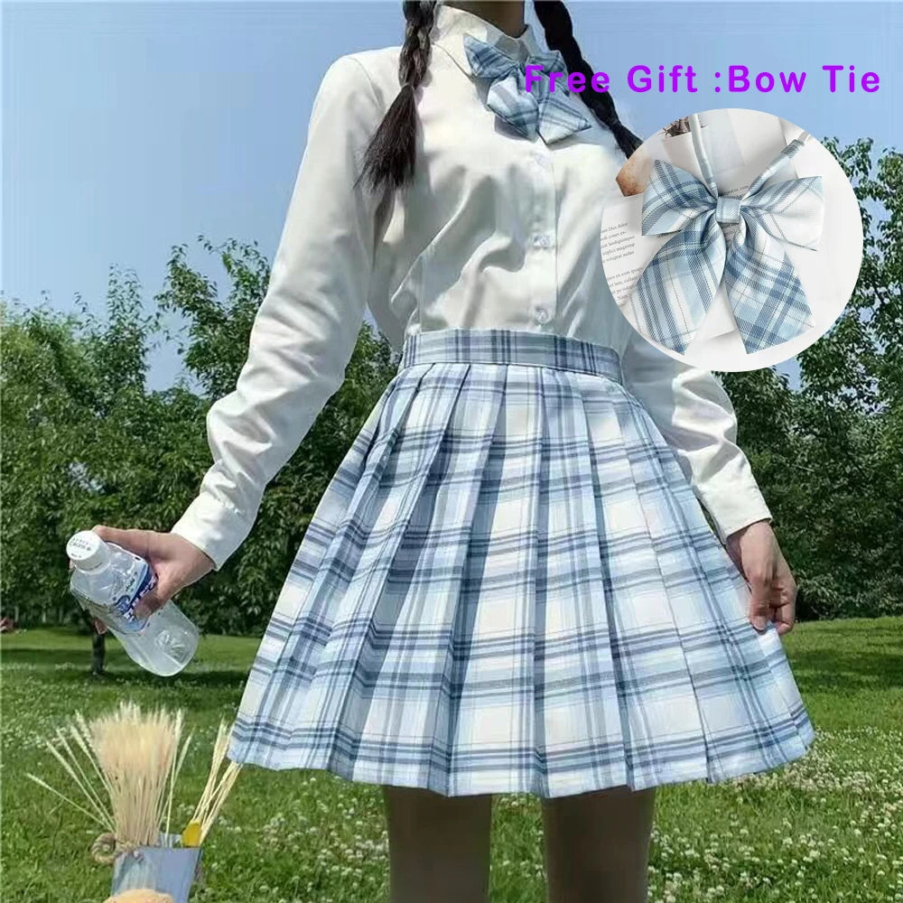 IMIEMIE Pleated Harajuku Preppy Style Summer Women Skirt Plaid Kawaii Y2K High Waist Dance Bow Skirt Mini Cute Japanese School Uniforms