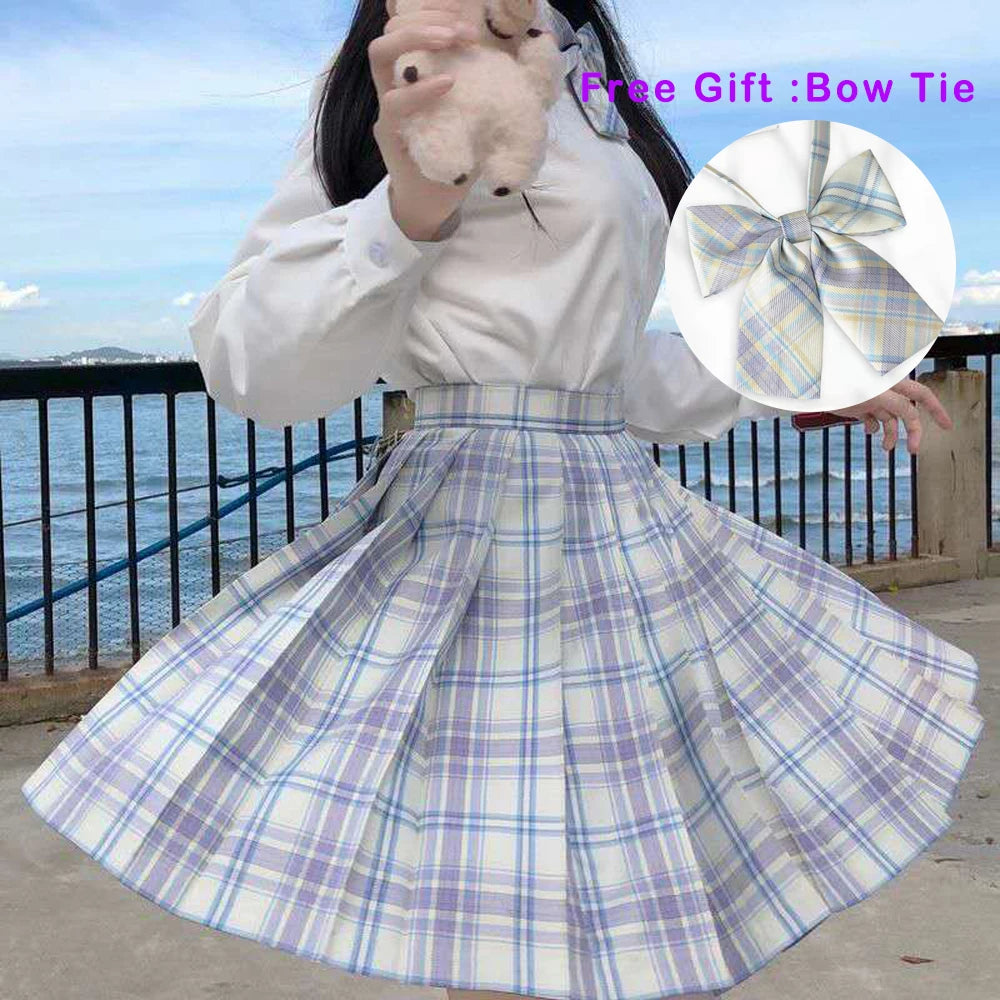 IMIEMIE Pleated Harajuku Preppy Style Summer Women Skirt Plaid Kawaii Y2K High Waist Dance Bow Skirt Mini Cute Japanese School Uniforms