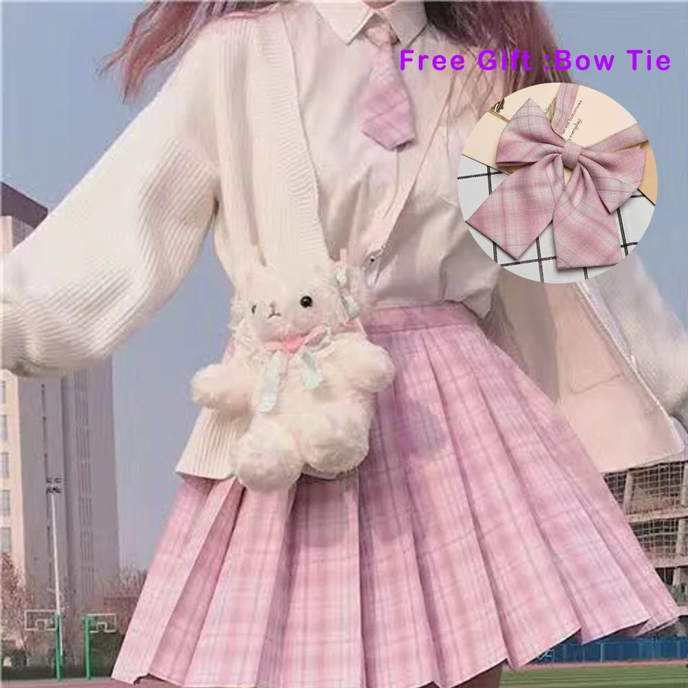 IMIEMIE Pleated Harajuku Preppy Style Summer Women Skirt Plaid Kawaii Y2K High Waist Dance Bow Skirt Mini Cute Japanese School Uniforms