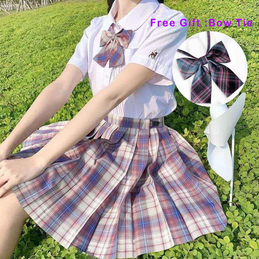 IMIEMIE Pleated Harajuku Preppy Style Summer Women Skirt Plaid Kawaii Y2K High Waist Dance Bow Skirt Mini Cute Japanese School Uniforms