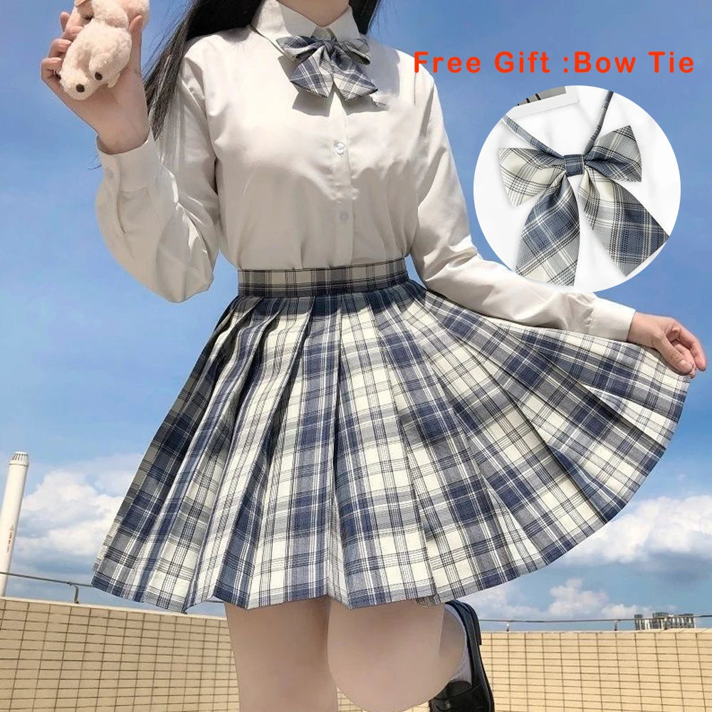 IMIEMIE Pleated Harajuku Preppy Style Summer Women Skirt Plaid Kawaii Y2K High Waist Dance Bow Skirt Mini Cute Japanese School Uniforms