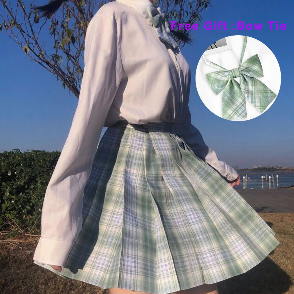 IMIEMIE Pleated Harajuku Preppy Style Summer Women Skirt Plaid Kawaii Y2K High Waist Dance Bow Skirt Mini Cute Japanese School Uniforms