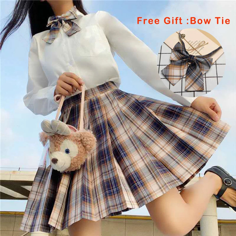 IMIEMIE Pleated Harajuku Preppy Style Summer Women Skirt Plaid Kawaii Y2K High Waist Dance Bow Skirt Mini Cute Japanese School Uniforms