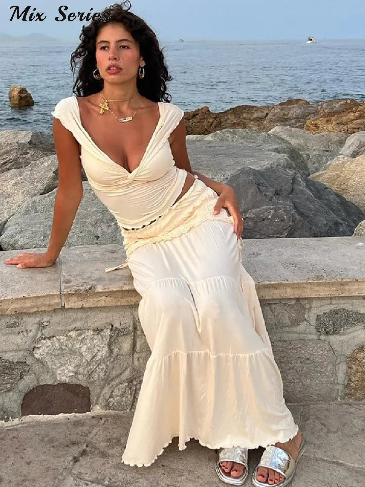 IMIEMIE Pleated Ruffles Crop Tops Long Skirt Suit Women Sexy Off-shoulder Sleeveless Backless Skirts Set 2024 Summer Lady Beach Outfit