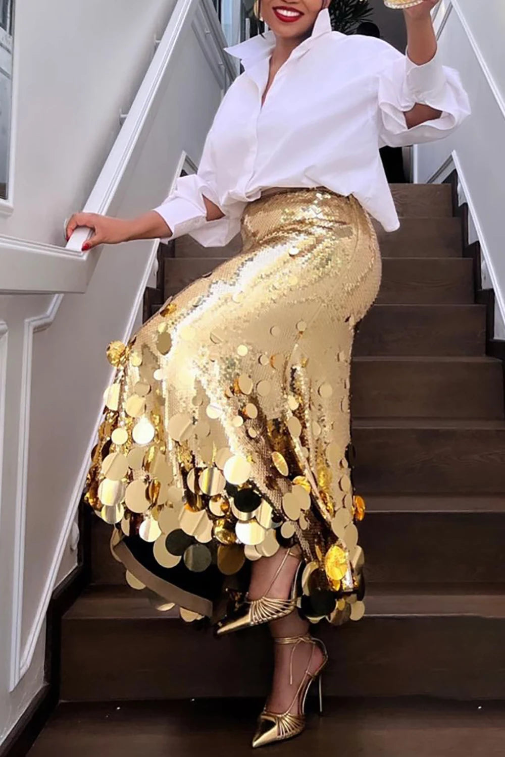 IMIEMIE Plus Size Women Formal Skirts Elegant Gold Silver Long Sequin Party Club Evening High Waist Skirts Female Casual Cocktail Skirts