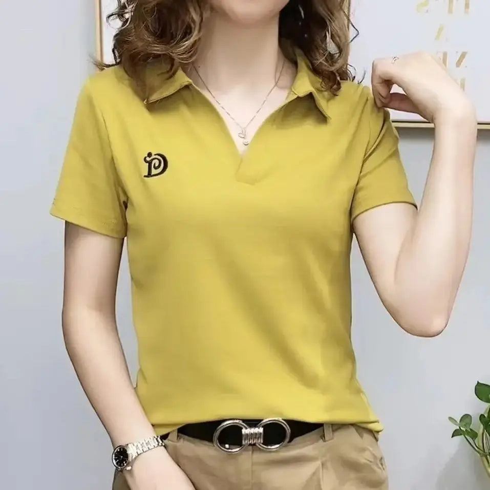 IMIEMIE Polo T Shirt for Women Short Sleeve New Summer V-neck Letter Pullover Knitted Tees Female Clothing Plus Size Ladies Tops