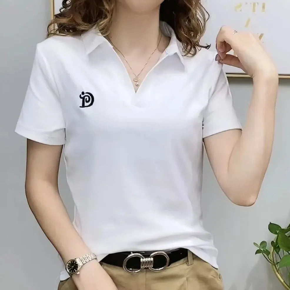 IMIEMIE Polo T Shirt for Women Short Sleeve New Summer V-neck Letter Pullover Knitted Tees Female Clothing Plus Size Ladies Tops