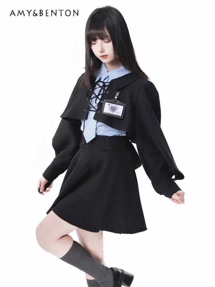 IMIEMIE Preppy Style Harajuku Batwing Sleeve Coat Striped Shirt Mini Skirt Three-Piece Set Women Spring New Elegant OL Hot Girl Outfits