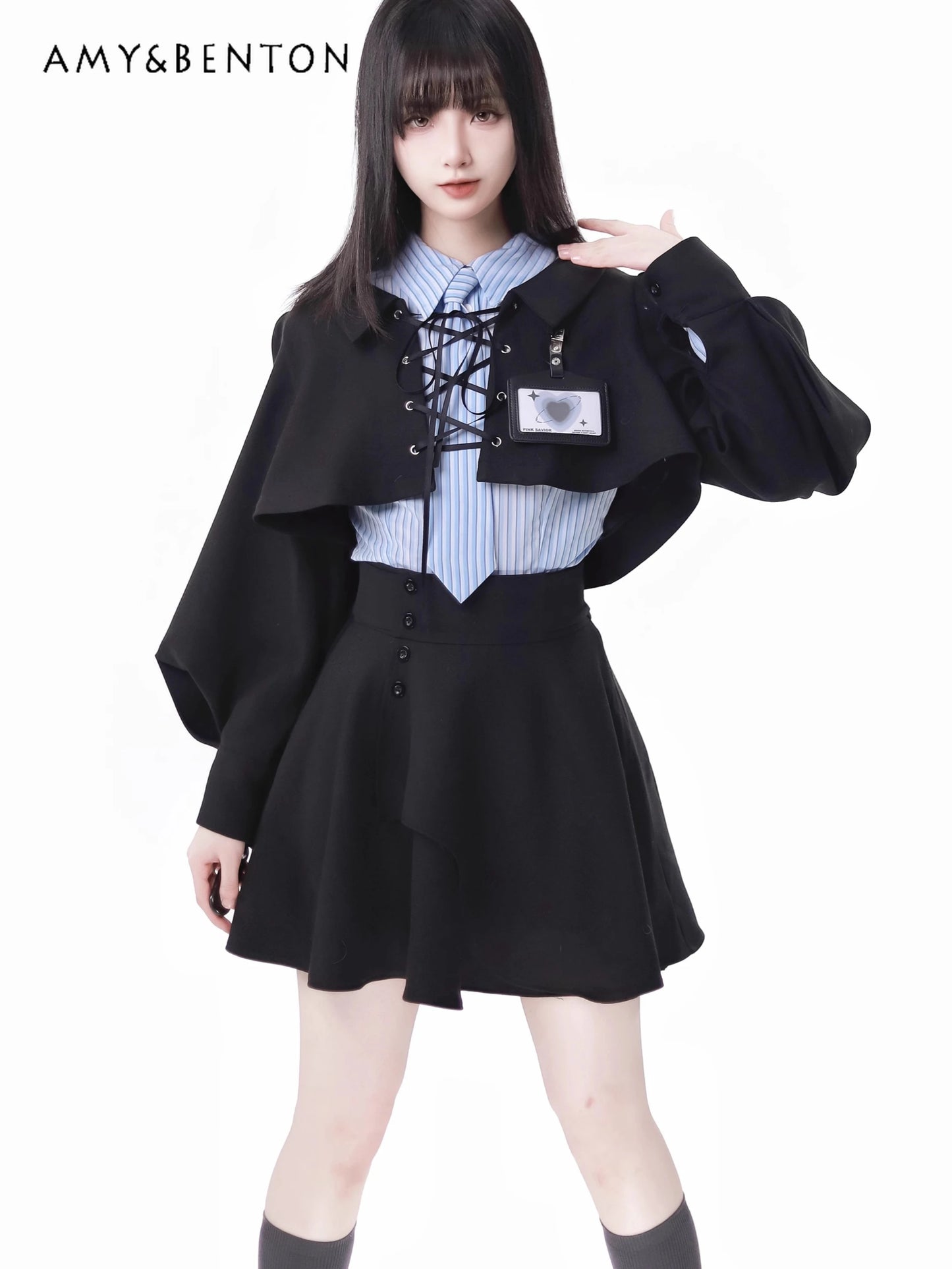 IMIEMIE Preppy Style Harajuku Batwing Sleeve Coat Striped Shirt Mini Skirt Three-Piece Set Women Spring New Elegant OL Hot Girl Outfits