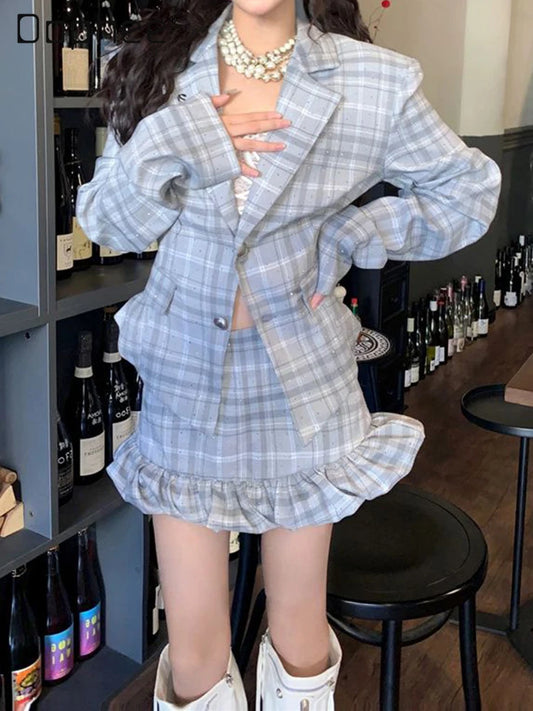 IMIEMIE Preppy Style Hot Girl Elegant Outfit Spring and Autumn Women's Plaid Suit Coat Jacket High Waist Bud Short Skirts Two-Piece Set