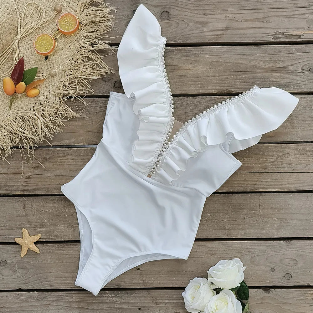 IMIEMIE Pure White European and American One-Piece Swimsuit Female Triangle High Waist Pearl Ruffle Swimwear