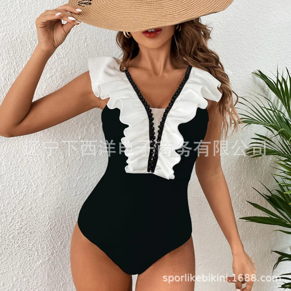 IMIEMIE Pure White European and American One-Piece Swimsuit Female Triangle High Waist Pearl Ruffle Swimwear