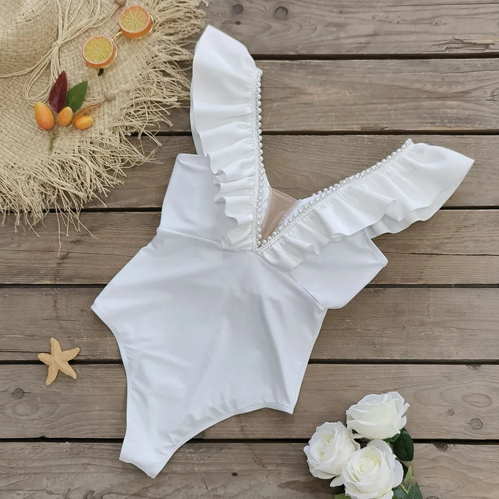 IMIEMIE Pure White European and American One-Piece Swimsuit Female Triangle High Waist Pearl Ruffle Swimwear