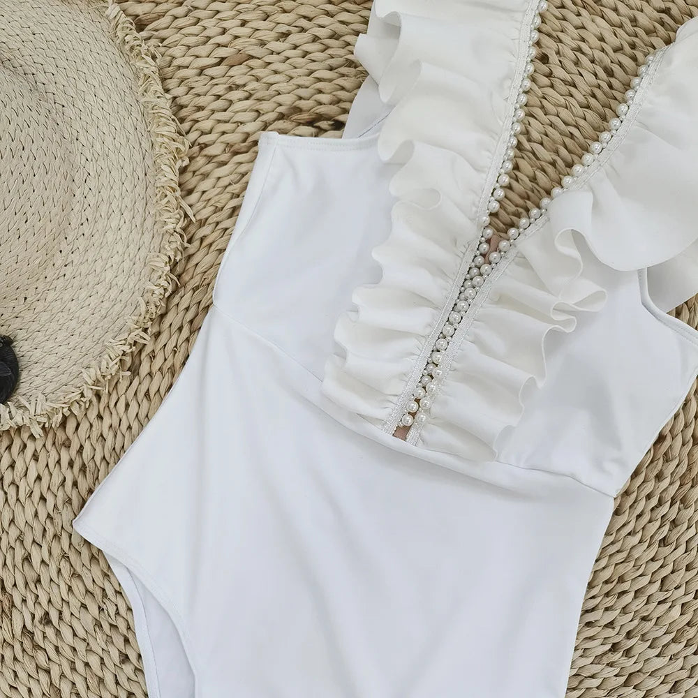 IMIEMIE Pure White European and American One-Piece Swimsuit Female Triangle High Waist Pearl Ruffle Swimwear