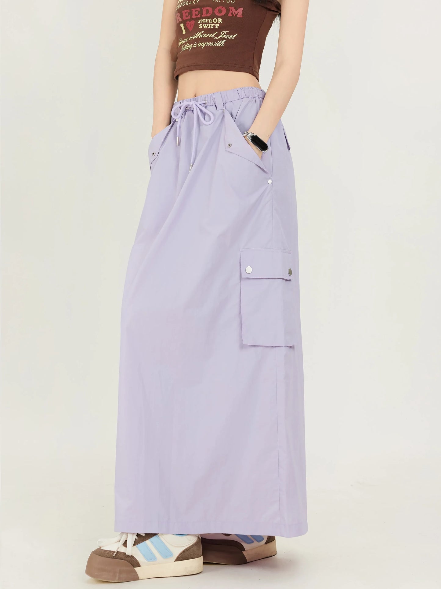 IMIEMIE Purple Casual Long Cargo Skirts Women Stitching Vintage Baggy Streetwear Outfits Split Fashion Low Waist Loose Skirt 2024 New