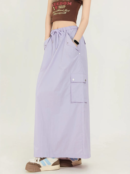 IMIEMIE Purple Casual Long Cargo Skirts Women Stitching Vintage Baggy Streetwear Outfits Split Fashion Low Waist Loose Skirt 2024 New