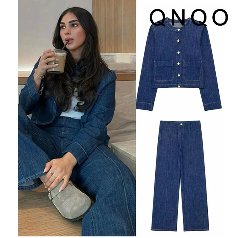 IMIEMIE QNQO Sets for Women 2 Pieces Denim Pockets O-Neck Full Sleeve Jacket 2024 Streetwear New Fashion Straight High Waist Pants Sets