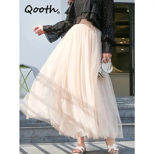 IMIEMIE Qooth 3 Layers Mesh Long Tulle Skirt Elastic Waist Elegant High Waist Ball Gown Gauze Tutu Skirt For Spring Autumn QT2001