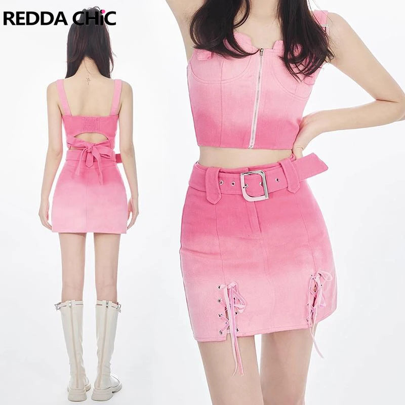 IMIEMIE REDDACHiC Hot Pink Barbiegirl Denim Suit Cupped Sleeveless Tube Top & Lace-up Bandage Mini Skirt Buckled Belt Y2k Streetwear