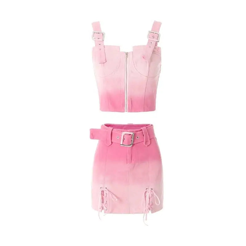 IMIEMIE REDDACHiC Hot Pink Barbiegirl Denim Suit Cupped Sleeveless Tube Top & Lace-up Bandage Mini Skirt Buckled Belt Y2k Streetwear