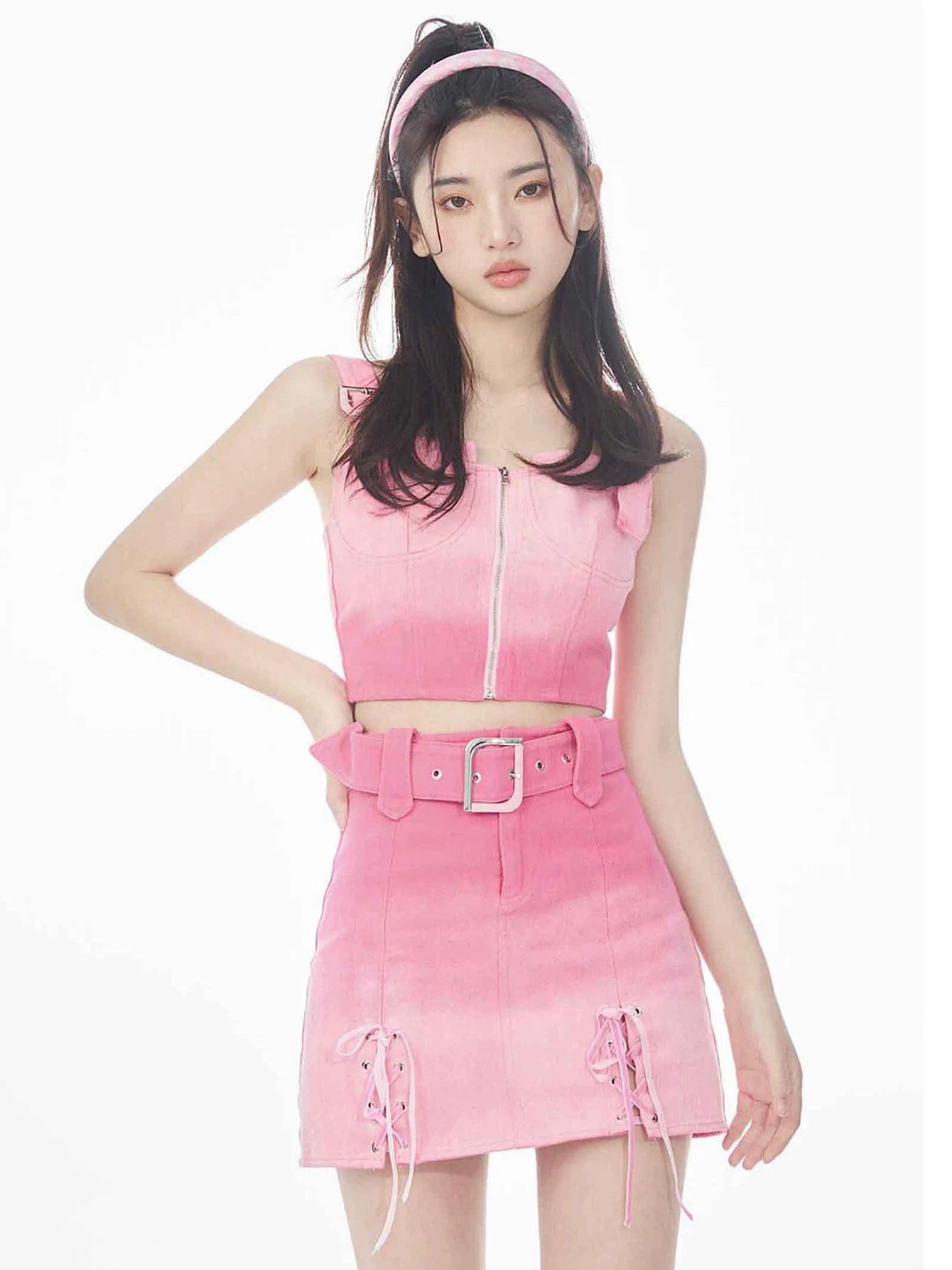 IMIEMIE REDDACHiC Hot Pink Barbiegirl Denim Suit Cupped Sleeveless Tube Top & Lace-up Bandage Mini Skirt Buckled Belt Y2k Streetwear