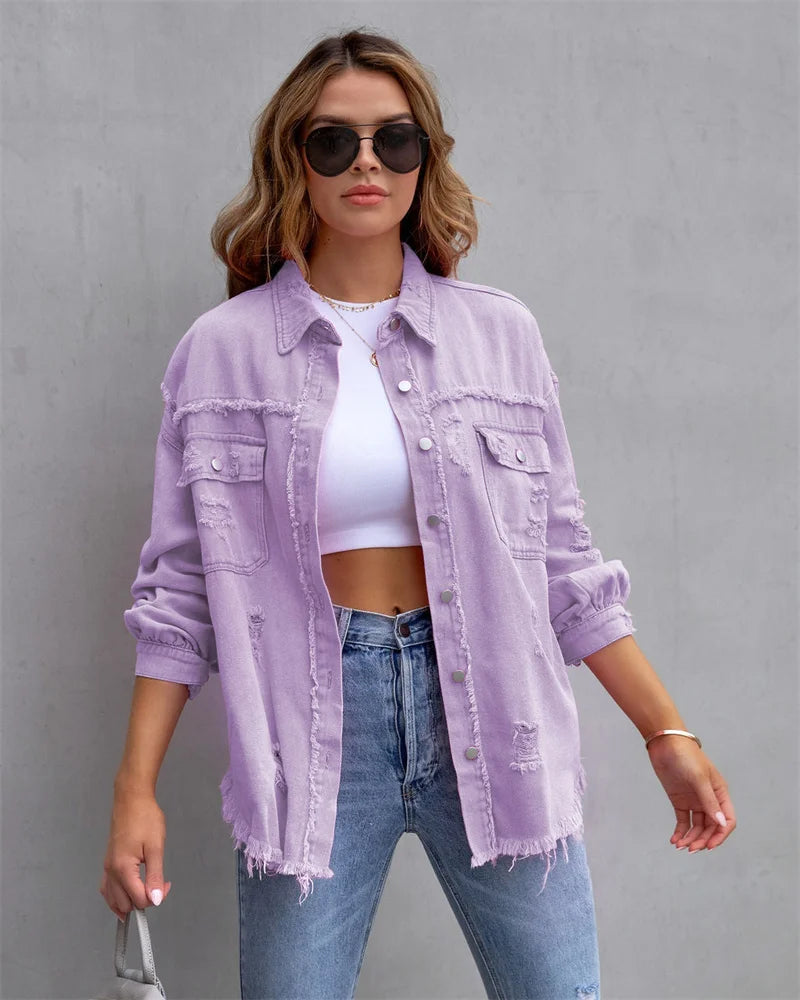 HAIPURUNRagged Torn Denim Lapel Jacket Women Autumn Winter Short Fashion Jacket  Pockets Blazer Solid Standard Overcoat Loose Streetwear