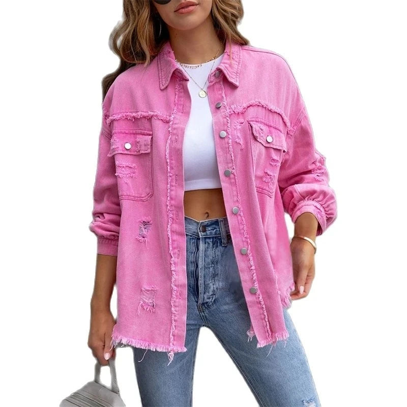 IMIEMIE Ragged Torn Denim Lapel Jacket Women Autumn Winter Short Fashion Jacket  Pockets Blazer Solid Standard Overcoat Loose Streetwear