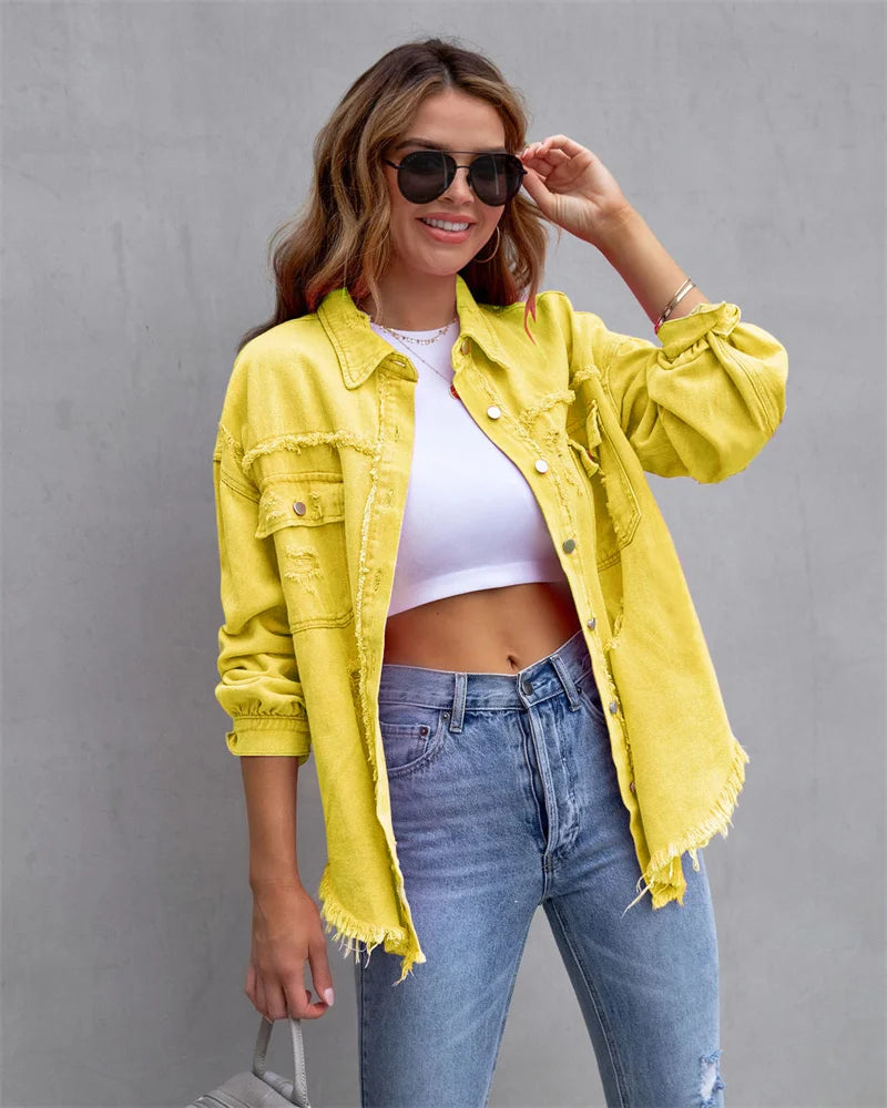 IMIEMIE Ragged Torn Denim Lapel Jacket Women Autumn Winter Short Fashion Jacket  Pockets Blazer Solid Standard Overcoat Loose Streetwear