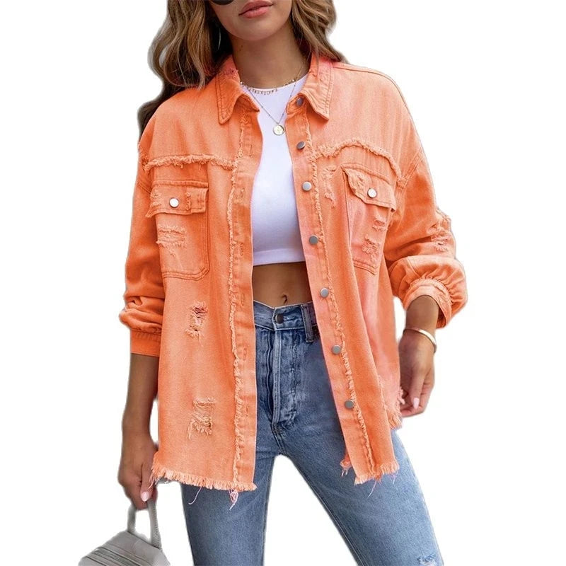 HAIPURUNRagged Torn Denim Lapel Jacket Women Autumn Winter Short Fashion Jacket  Pockets Blazer Solid Standard Overcoat Loose Streetwear