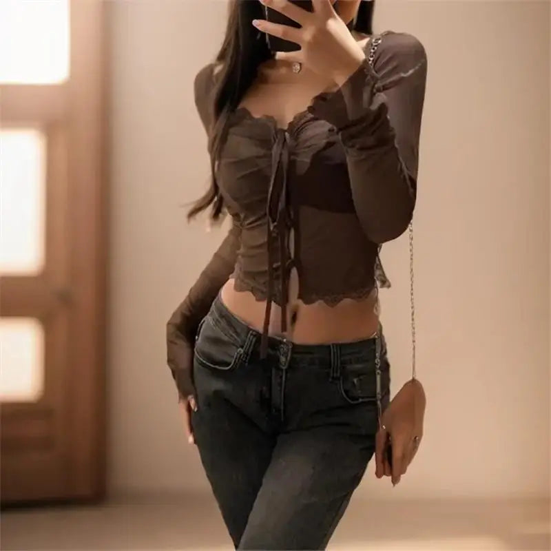 IMIEMIE Red Sexy Lace Top Summer Blouse Thin Mesh Perspective Long Sleeve Shirts for Women Crop Tops