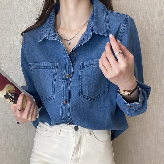 IMIEMIE Retro Blue Shirt Denim Shirt for Women Autumn 2024 New Design Shirts Long Sleeved Solid Single Breasted Jeans Jacket for Women