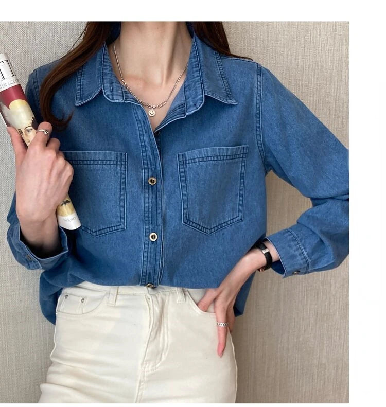 IMIEMIE Retro Blue Shirt Denim Shirt for Women Autumn 2024 New Design Shirts Long Sleeved Solid Single Breasted Jeans Jacket for Women