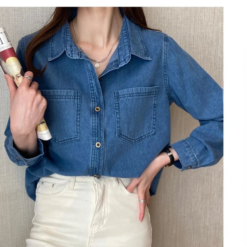 IMIEMIE Retro Blue Shirt Denim Shirt for Women Autumn 2024 New Design Shirts Long Sleeved Solid Single Breasted Jeans Jacket for Women