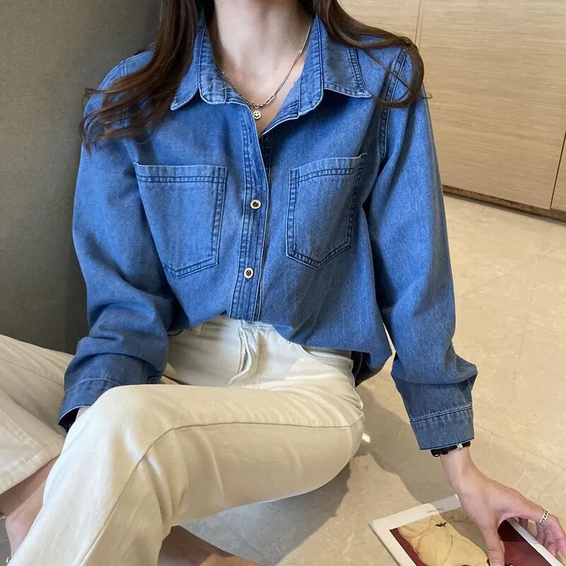 IMIEMIE Retro Blue Shirt Denim Shirt for Women Autumn 2024 New Design Shirts Long Sleeved Solid Single Breasted Jeans Jacket for Women