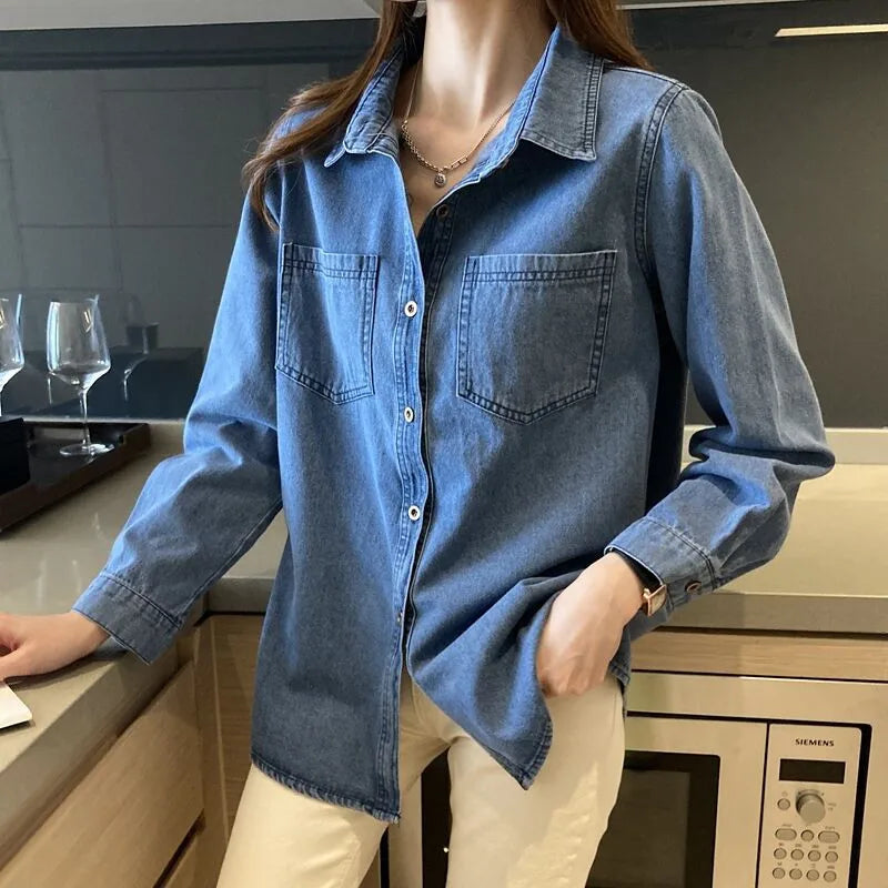 IMIEMIE Retro Blue Shirt Denim Shirt for Women Autumn 2024 New Design Shirts Long Sleeved Solid Single Breasted Jeans Jacket for Women