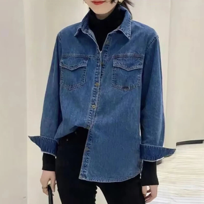 IMIEMIE Retro Blue Shirt Denim Shirt for Women Autumn 2024 New Design Shirts Long Sleeved Solid Single Breasted Jeans Jacket for Women