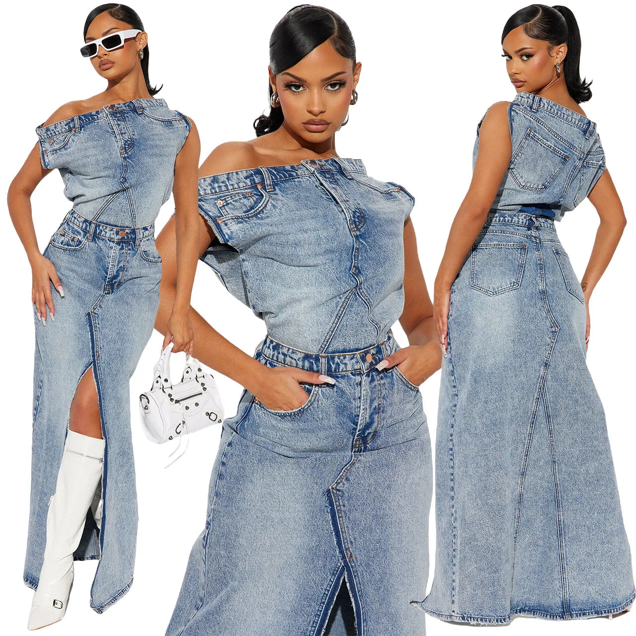 IMIEMIE Retro Denim Skirt Suit Two Piece Sets Women Summer Sleeveless Top High Waist Long Skirt Split End Ladies Street Wear Clothes