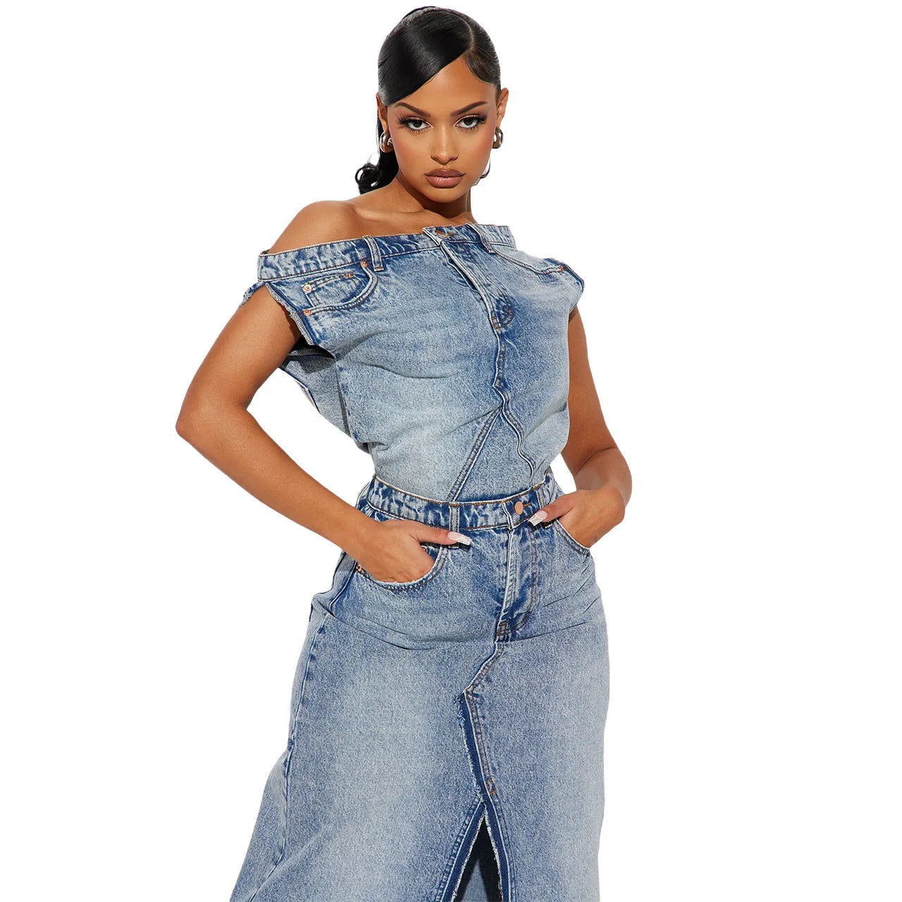 IMIEMIE Retro Denim Skirt Suit Two Piece Sets Women Summer Sleeveless Top High Waist Long Skirt Split End Ladies Street Wear Clothes