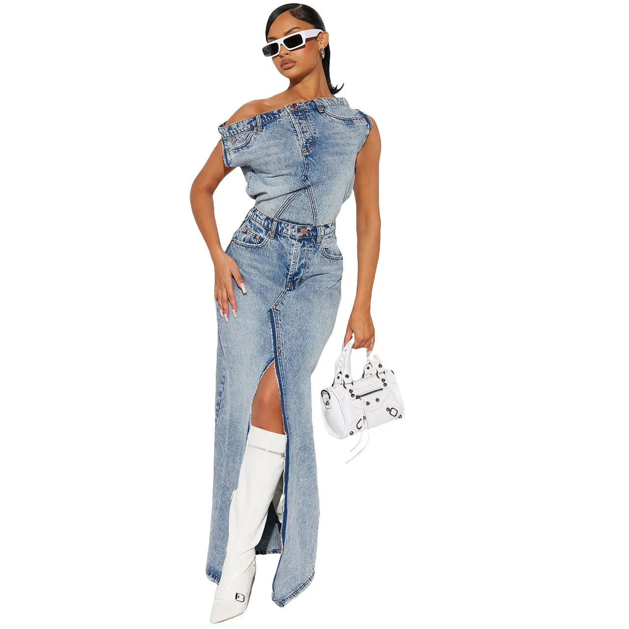 IMIEMIE Retro Denim Skirt Suit Two Piece Sets Women Summer Sleeveless Top High Waist Long Skirt Split End Ladies Street Wear Clothes